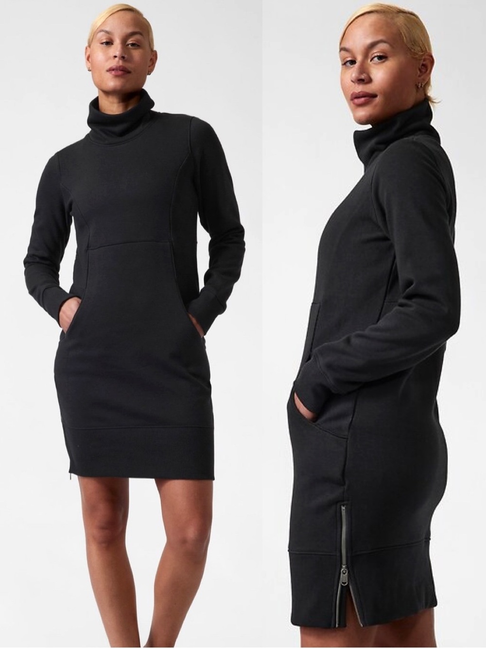 Athleta Cozy Karma Funnel Neck Black Sweatshirt Dress | Large